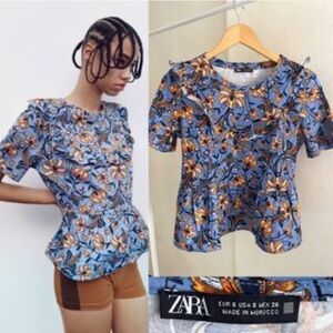 ZARA Women’s Blue Floral Ruffle Short Sleeve Top Size S